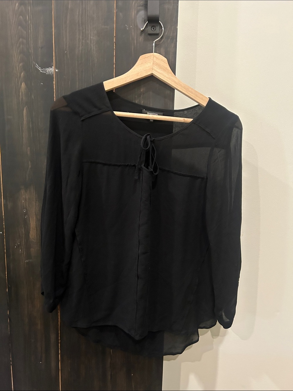 100% Silk Babaton Black Sheer Tie-Neck Blouse
